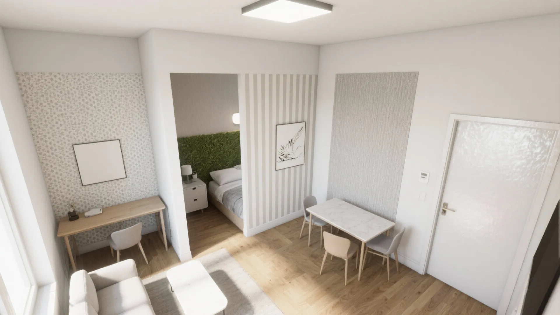 Top-down studio plan mock-up showing different wallpaper zones for small-room strategies.