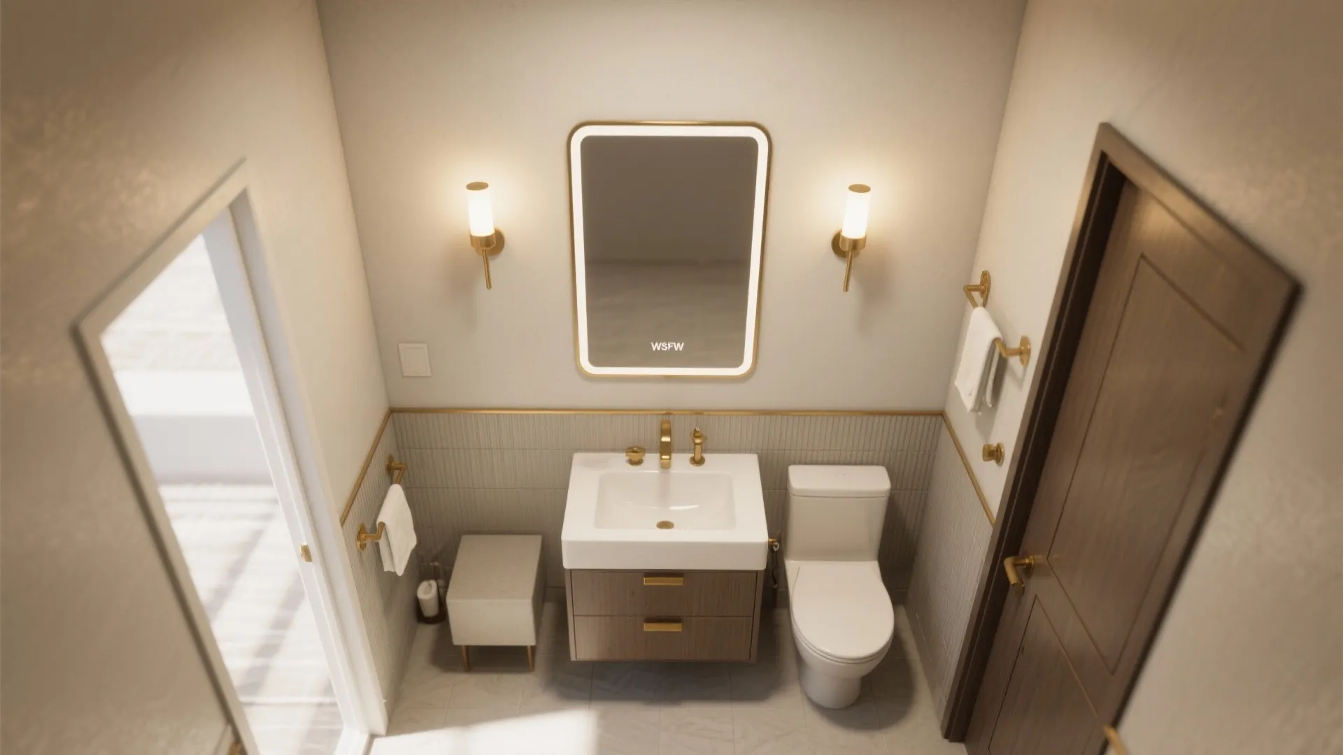 Top down view of small bathroom layout with sink toilet cabinet footrest and wall lights