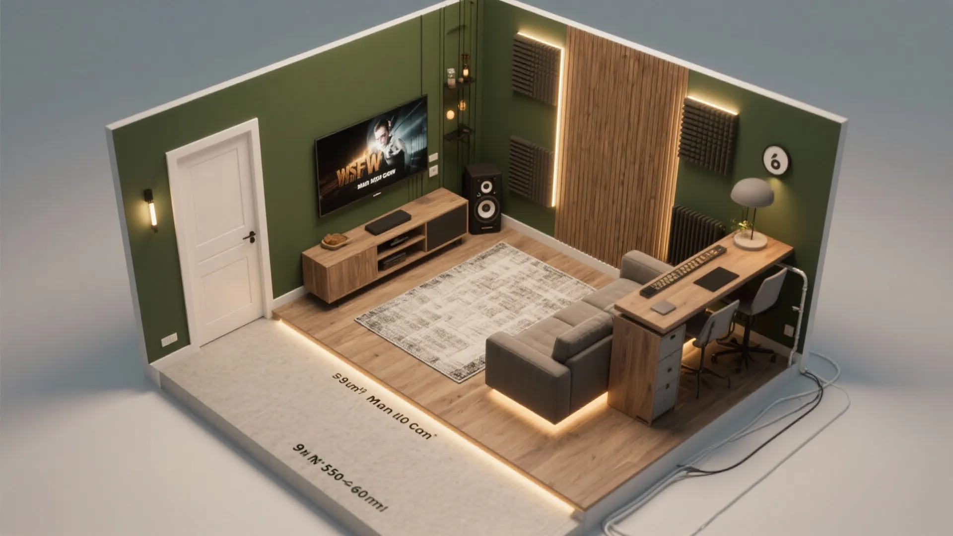 Top down interior design drawing of a green room showing sofa and desk and television