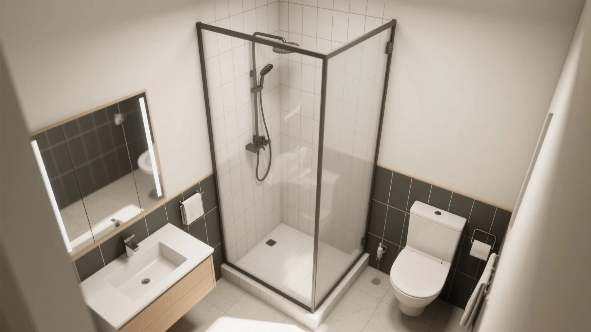 Top-down bathroom layout showing full-height tile in the shower and half-height tile wainscot on perimeter walls.