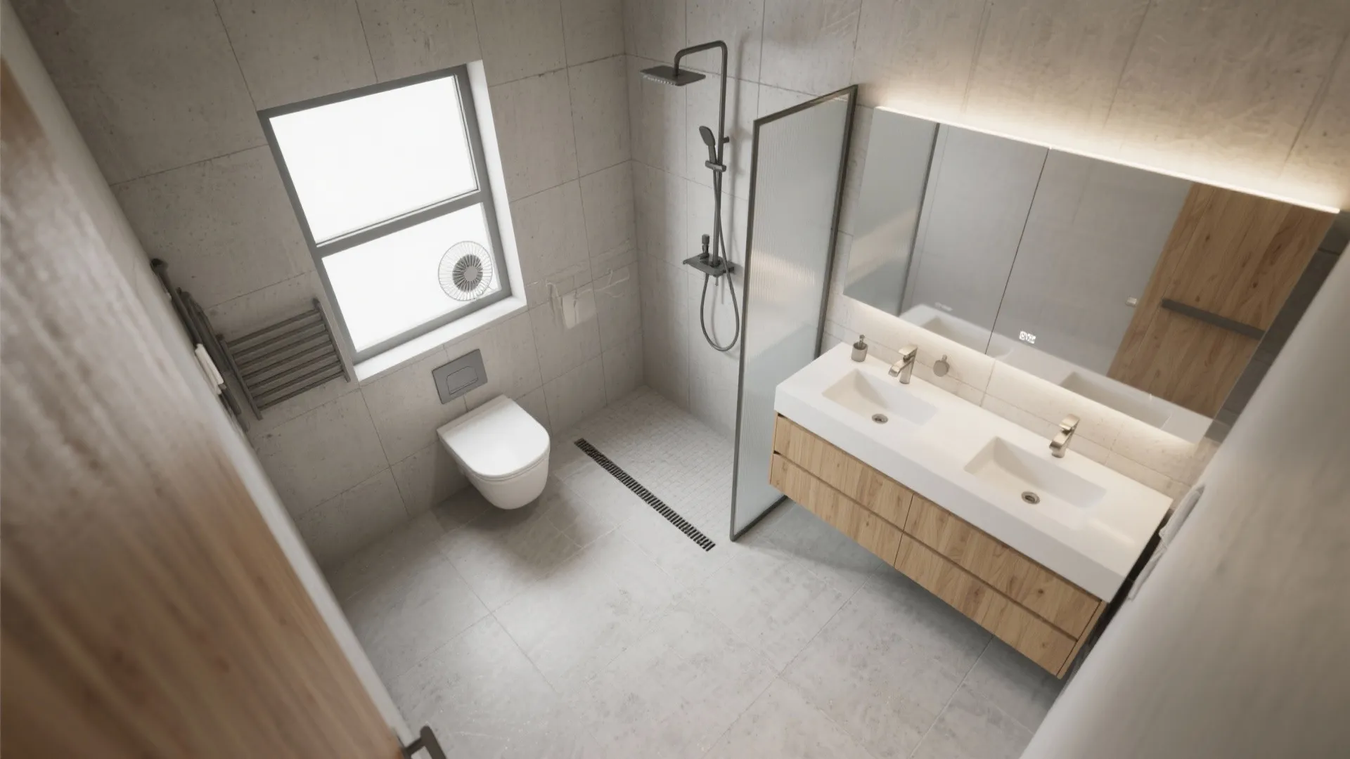 Top-down view of a small concrete-tiled bathroom showing ventilation, layered lighting, wood vanity, and a curbless shower.