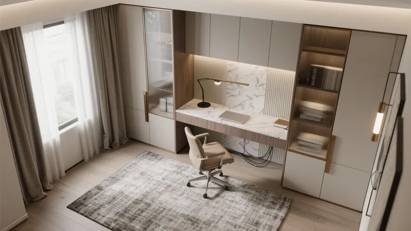 Modern Home Office Design with Marble Desk & Glass Cabinets