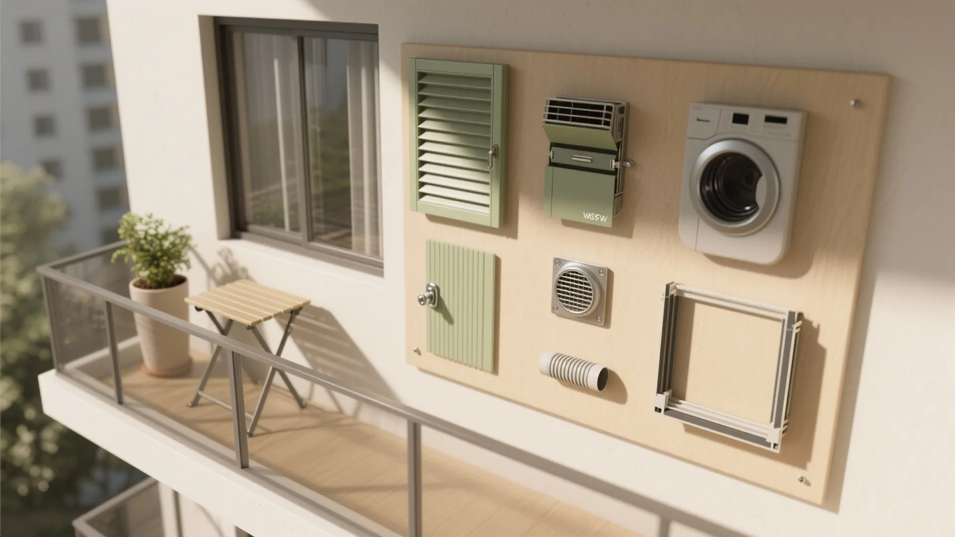 Balcony wall display showing washing machine window shutters vents and outdoor furniture for home design