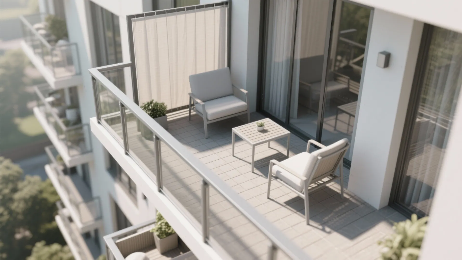 Modern apartment balcony featuring grey outdoor chairs small coffee table glass railings and a white screen