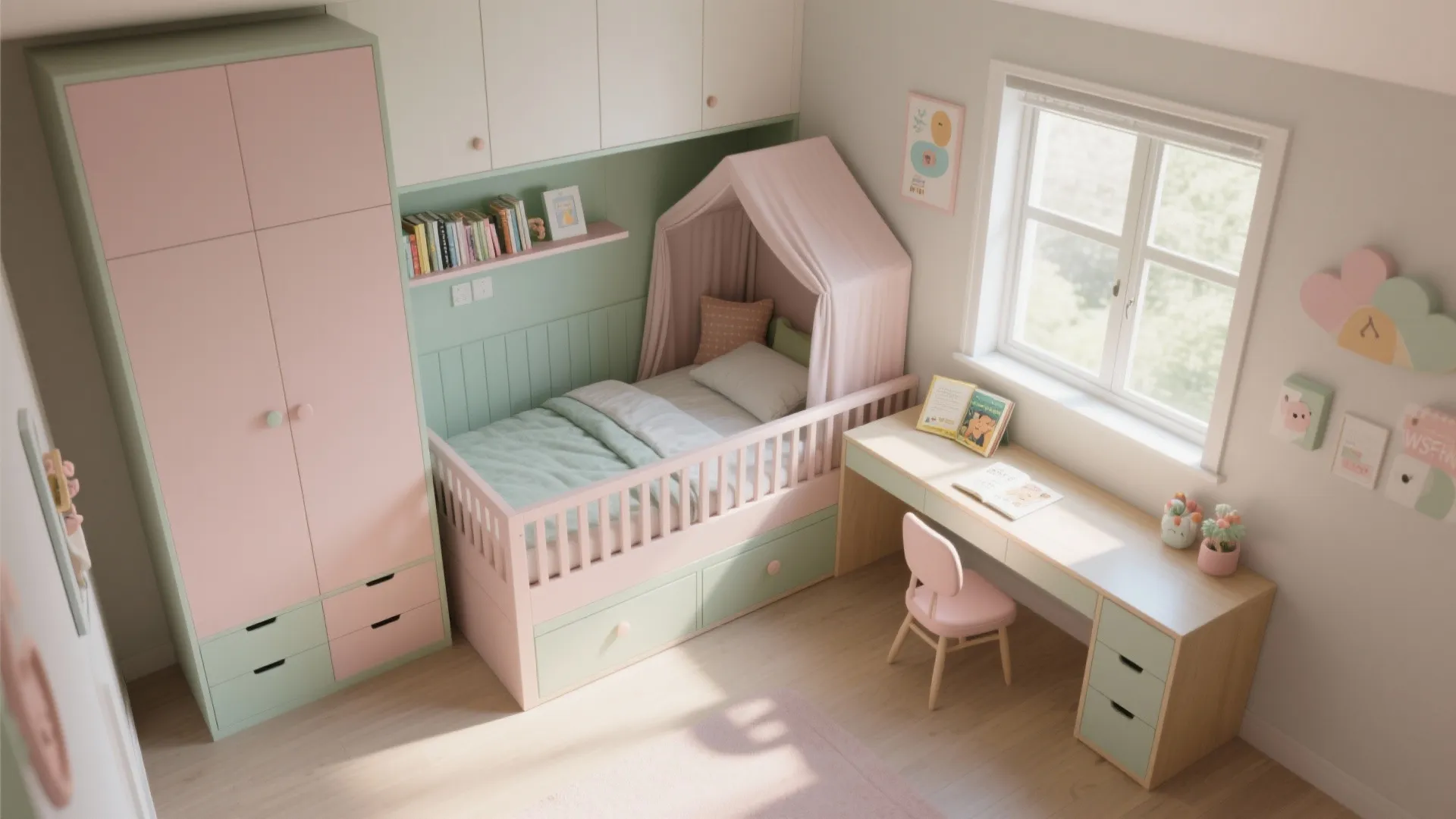 Pastel pink and green girls bedroom with bed canopy study desk pink chair and window