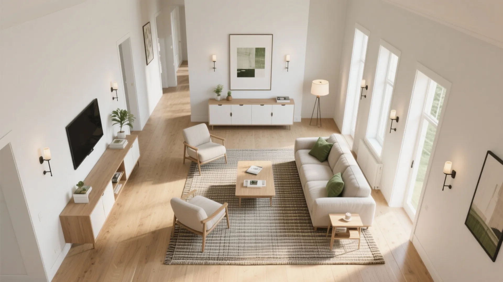 Interior design drawing of a living room showing white sofa, armchairs, TV cabinet, and wall lights