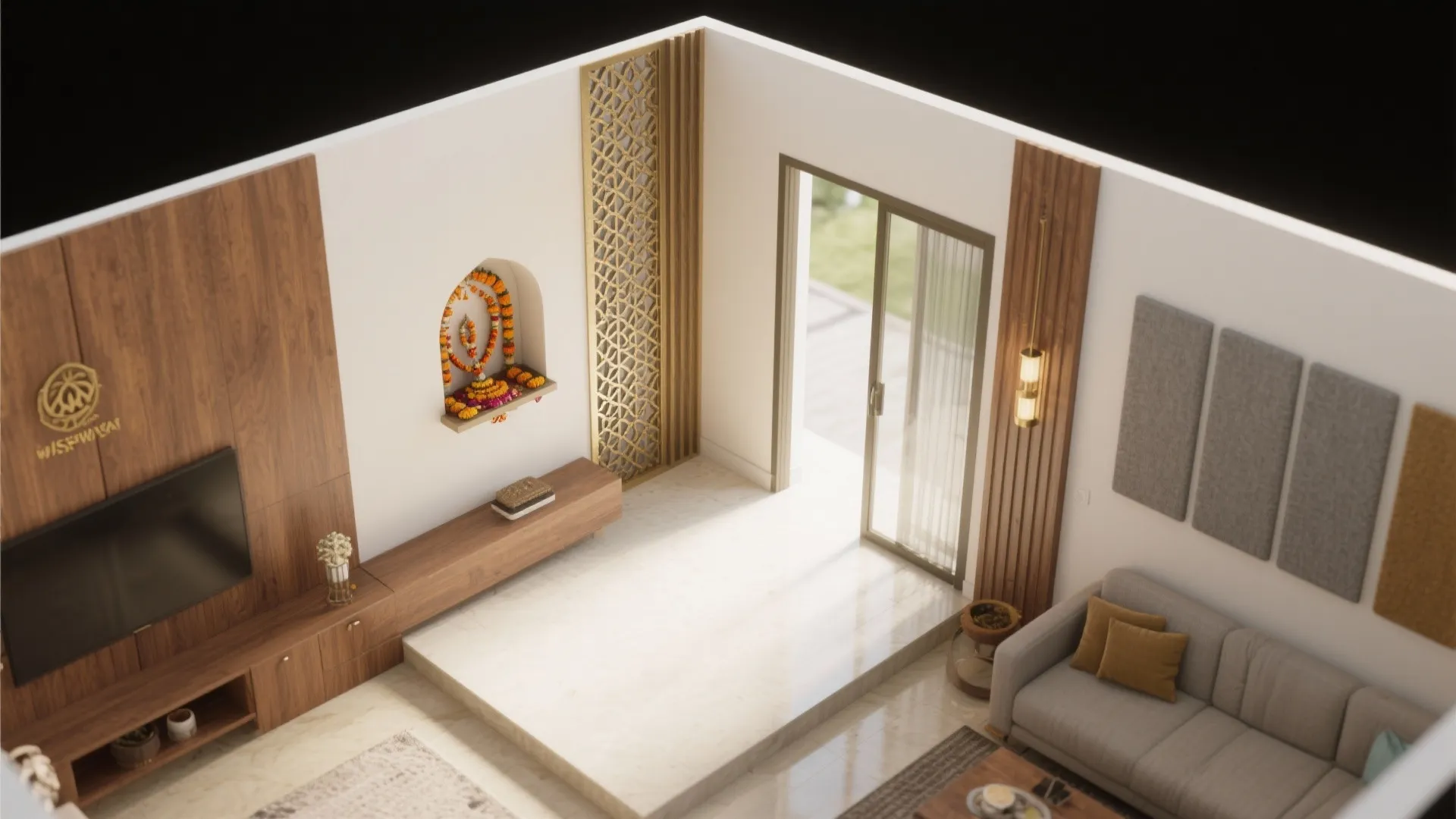 Top-down view of small living room showing pooja corner layouts with jaali, sliding glass, and wall-mounted alcove options.