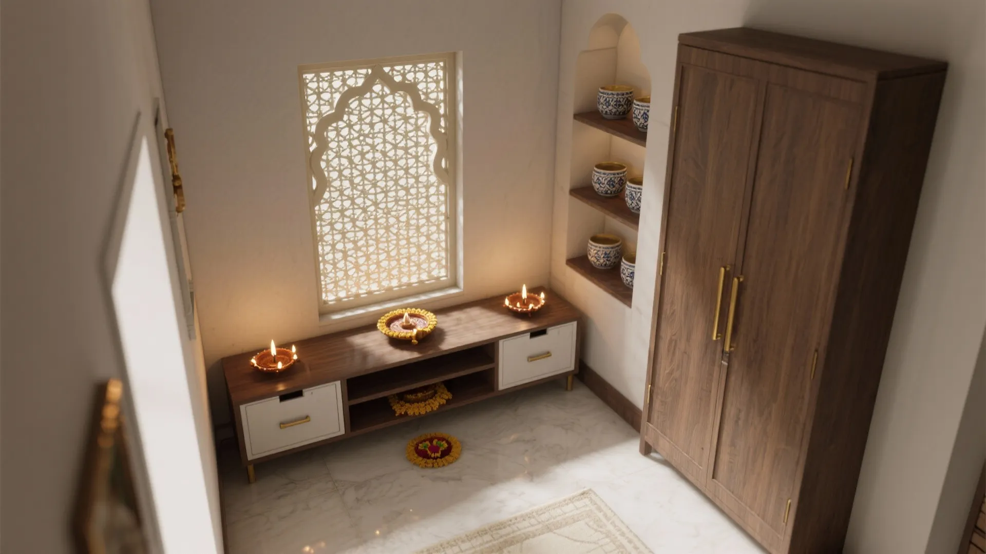Top view of a small room featuring wooden cabinet, storage unit, patterned window, and candles