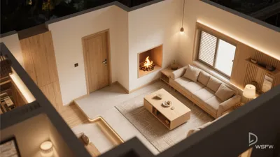 Warm Japanese-Style Living Room with Fireplace