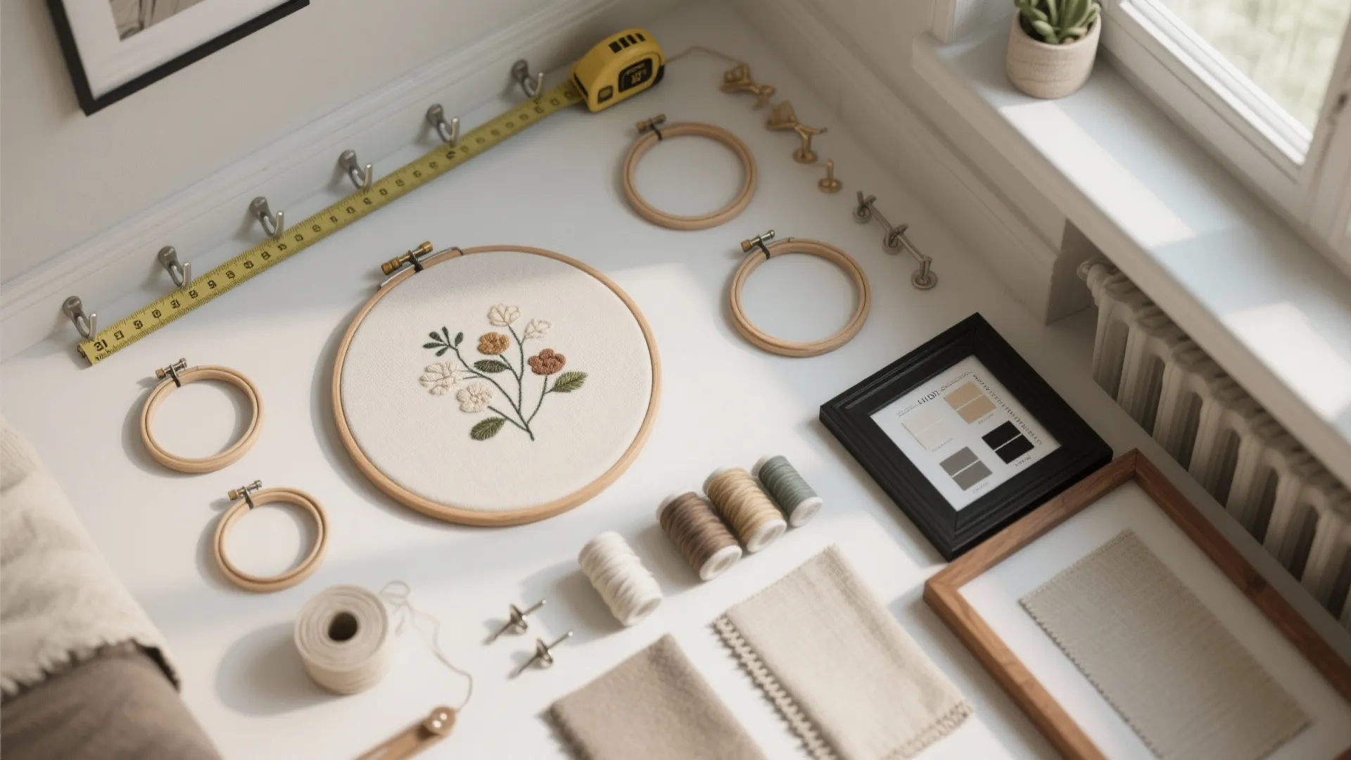 Top-down flat lay of embroidery hanging essentials: hooks, hoops, threads, frames, linen, and UV film swatches.