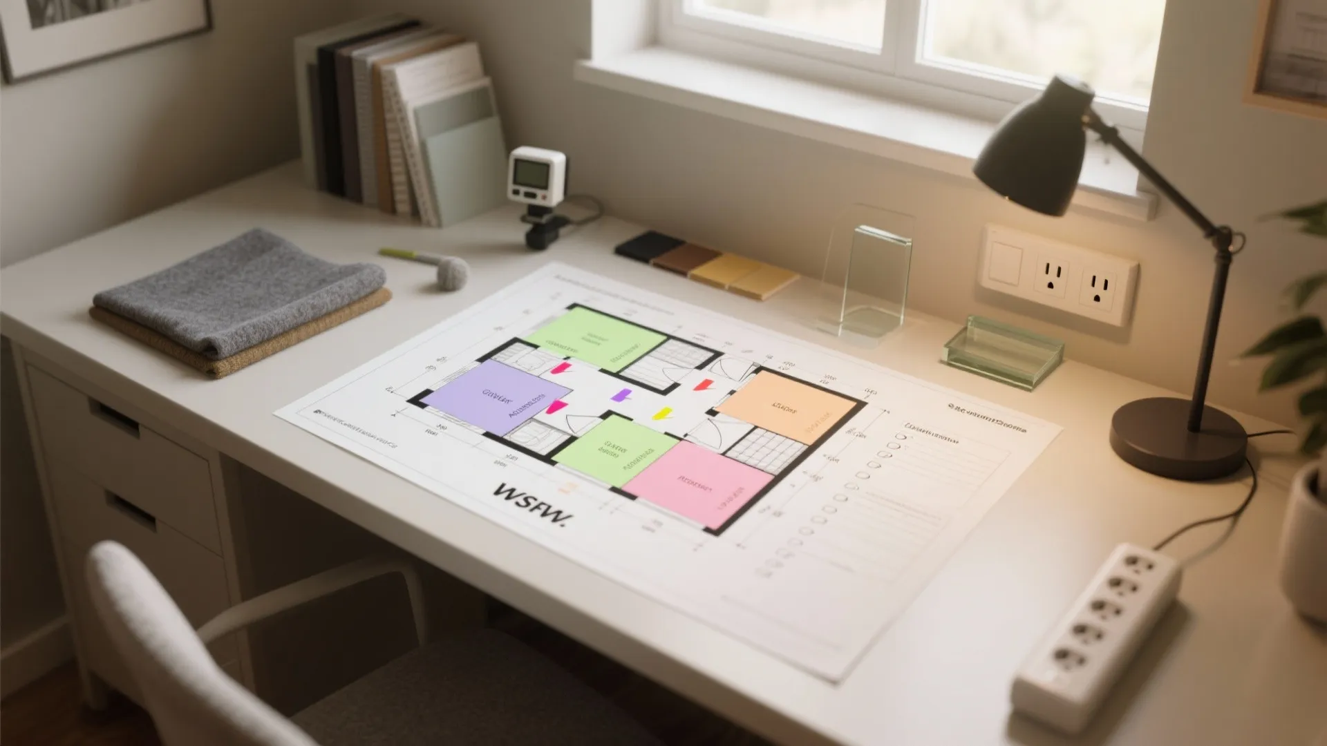 Top-down study room plan with visual markers for acoustics, lighting, glazing, and power.