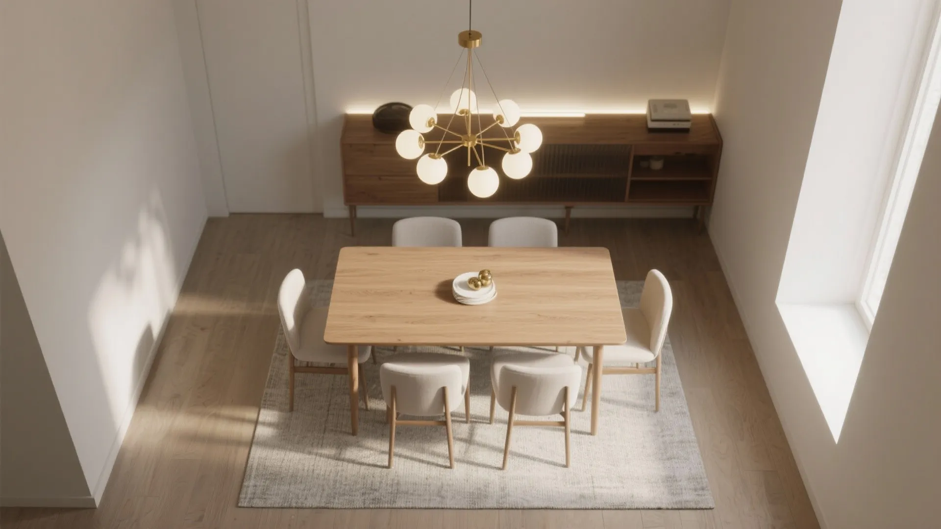 Top-down scene of a small dining table with a correctly scaled chandelier and balanced hanging height.