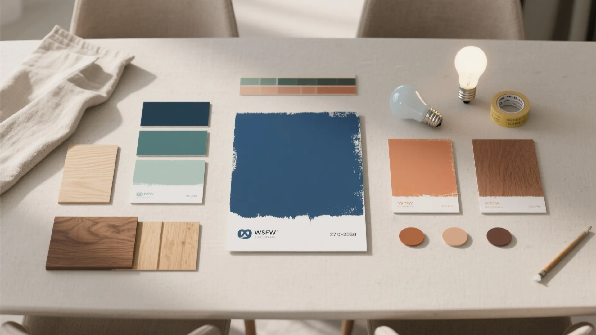 Top down view of interior design mood board with color cards wood samples and light bulbs