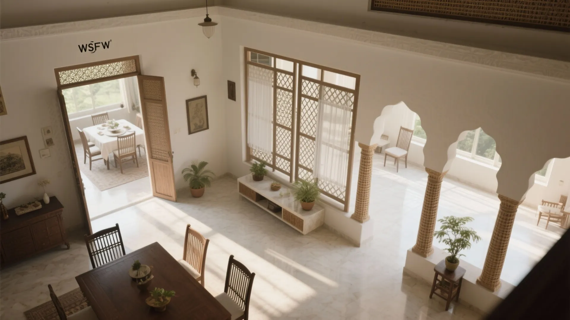Top-down plan of hall–dining showing translucent overlays for jaali, sliding screen, low console, pillars with arch, and cane panels.
