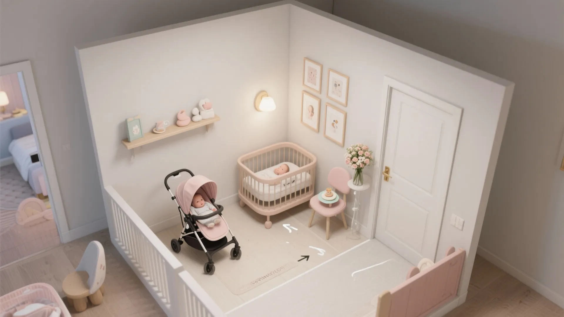 Top-down view of a small entry layout showing an L-shaped vignette, stroller path, bassinet placement, and nightlight by a chair.