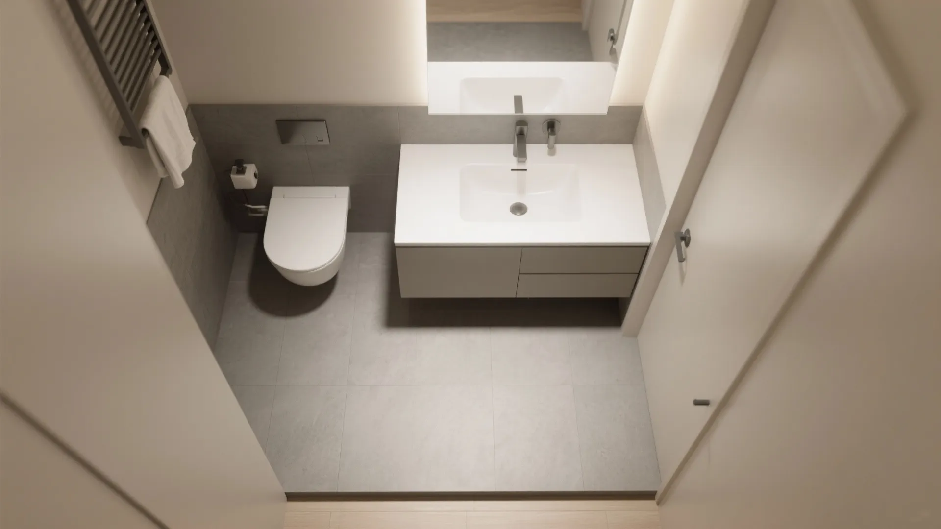 Overhead plan-style render of a compact bath with clear space in front of the sink.