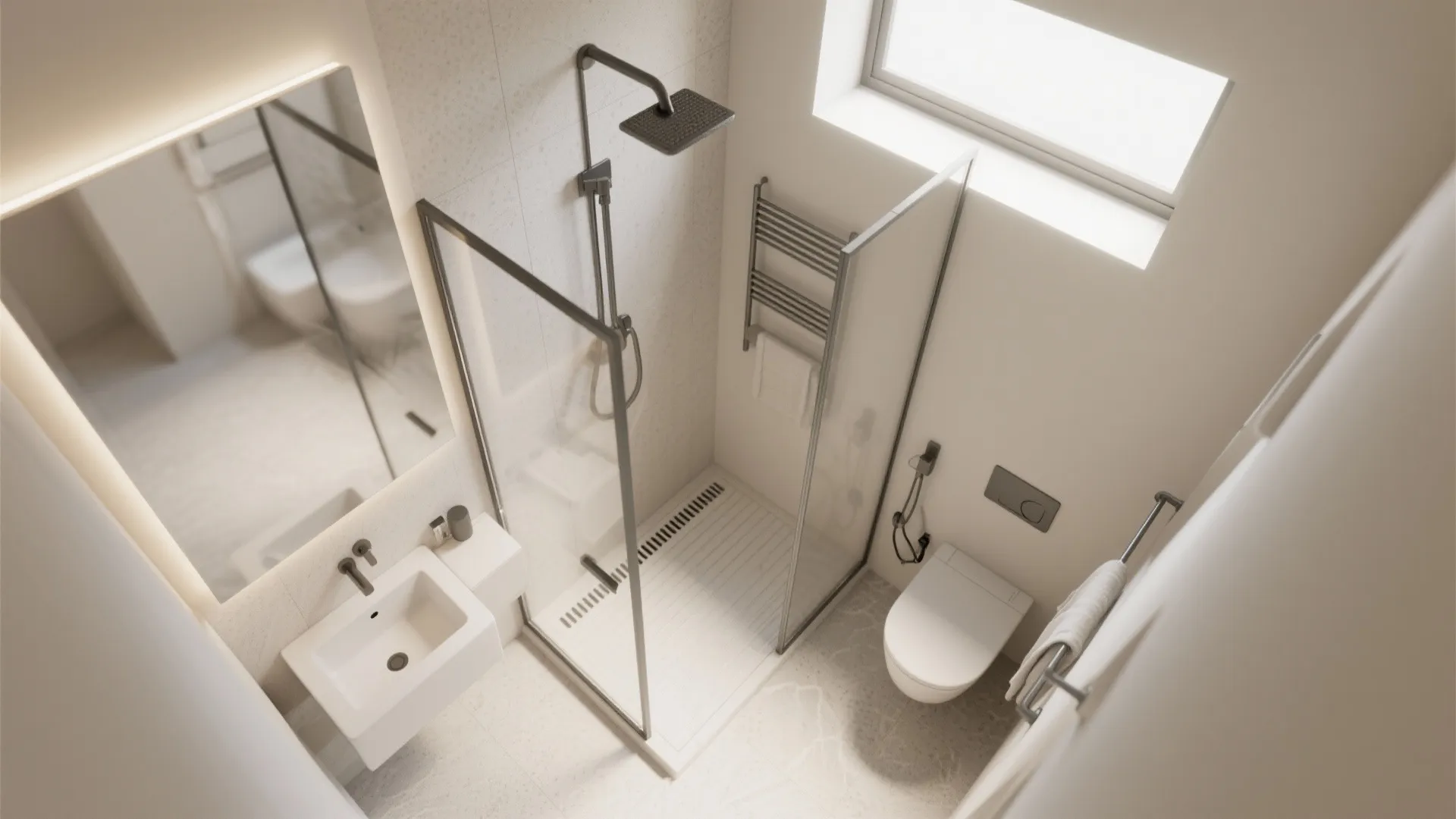 Top down interior design drawing of small bathroom featuring glass shower sink toilet and mirror