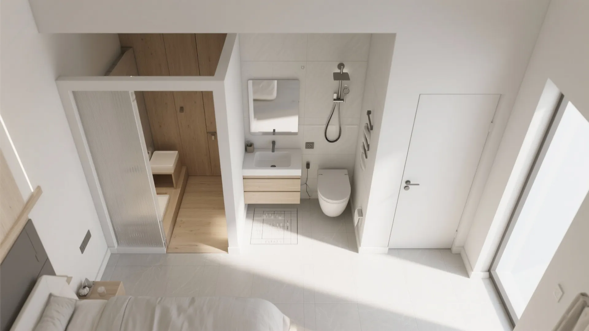 Interior design drawing showing top view of small bathroom with toilet sink and walk-in shower