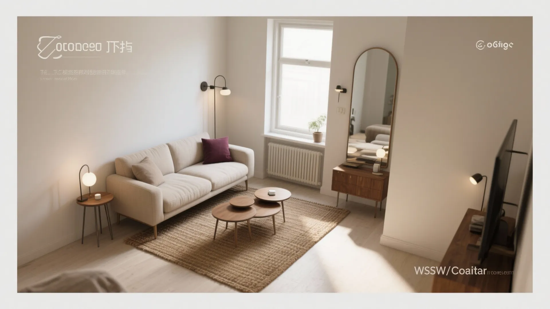 Minimalist living room with beige sofa round coffee tables floor mirror and a wooden cabinet