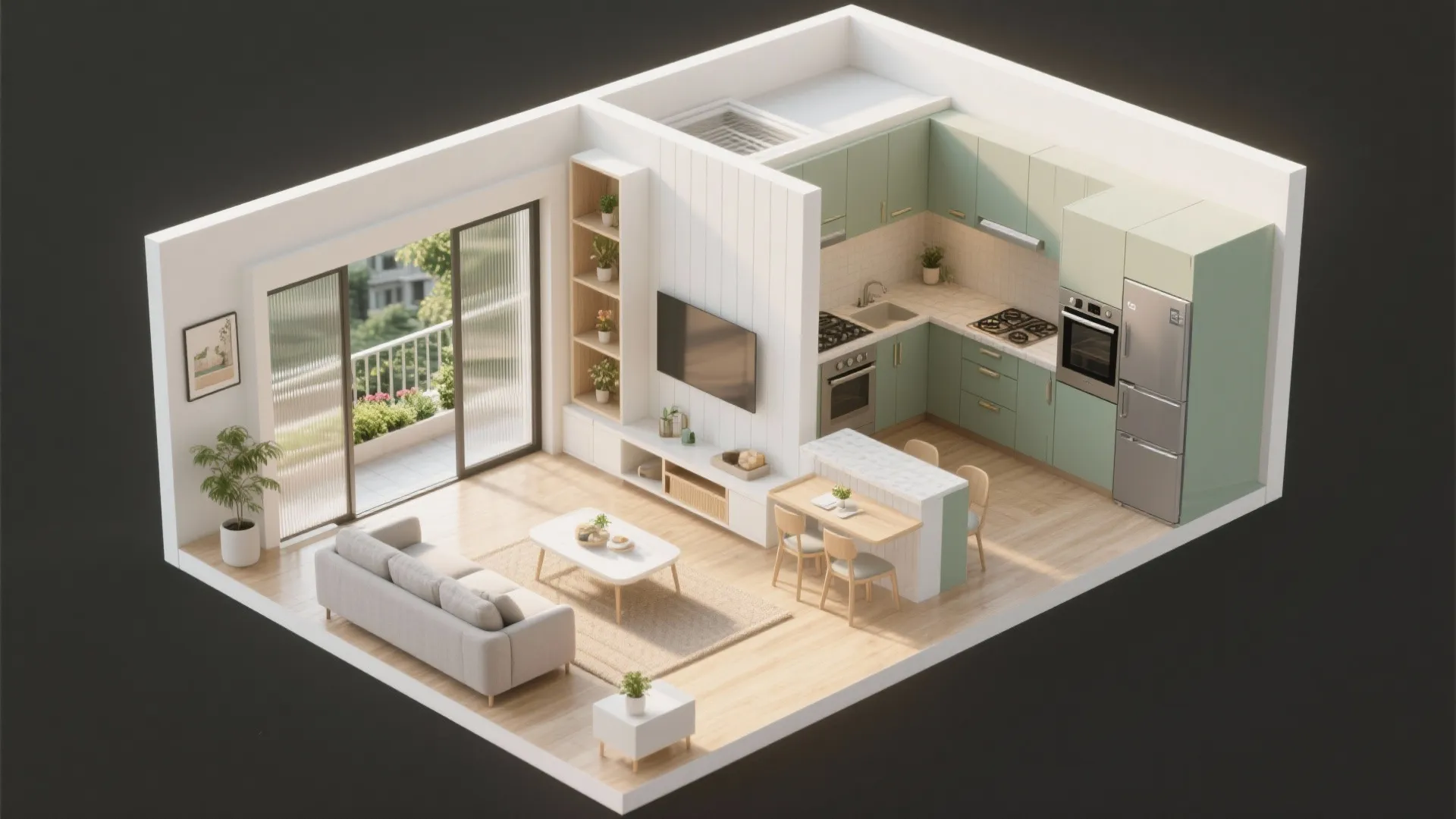 Open plan room layout showing living room with grey sofa and small kitchen with dining table