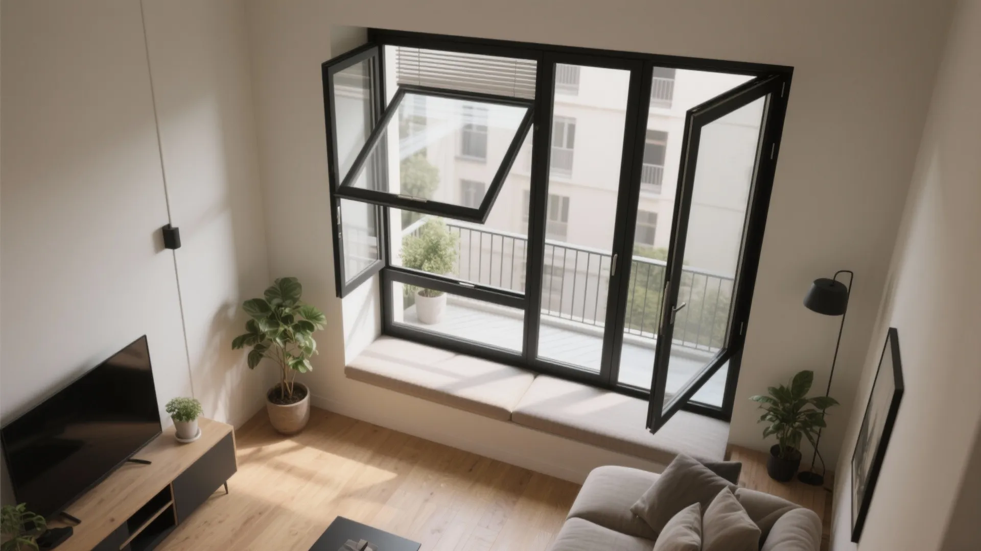 Top-down plan of a small living room with balcony window design, operable sash, shading layers, and a window bench placement.