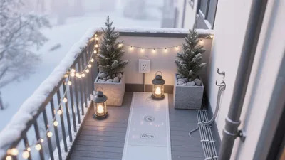 Cozy Winter Balcony with String Lights and Potted Trees