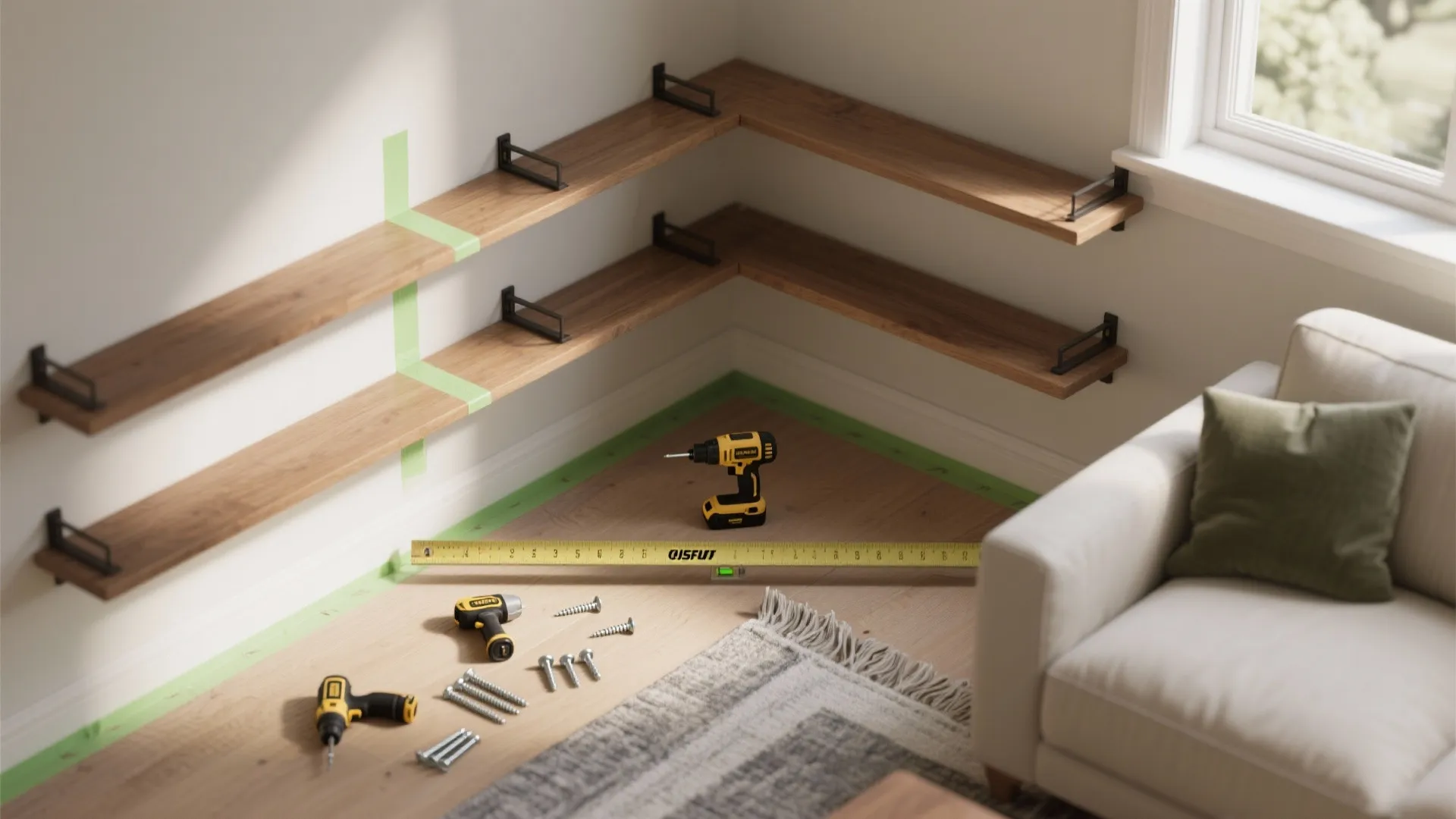 Installing wooden corner shelves on a white wall using a drill screws and measuring tape