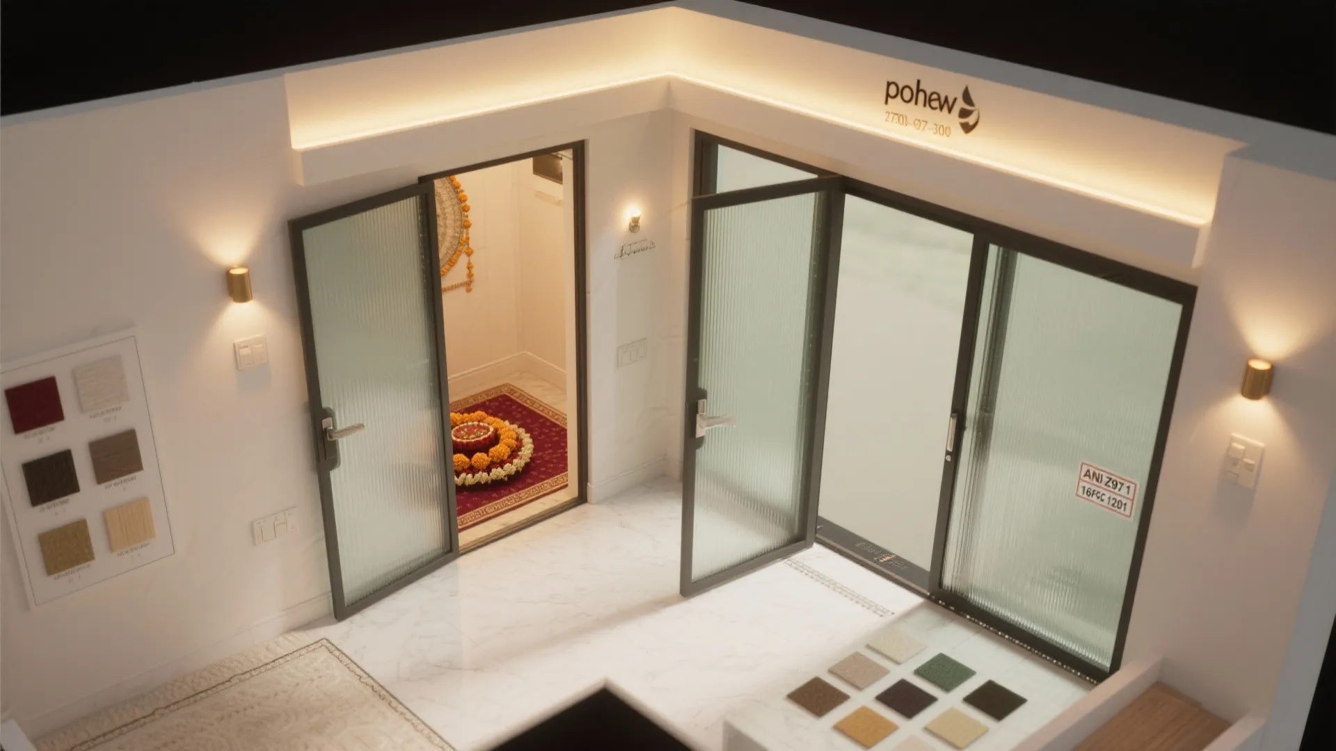 Top-down plan of a small pooja room with glass door options, lighting positions, and safety glazing notes.