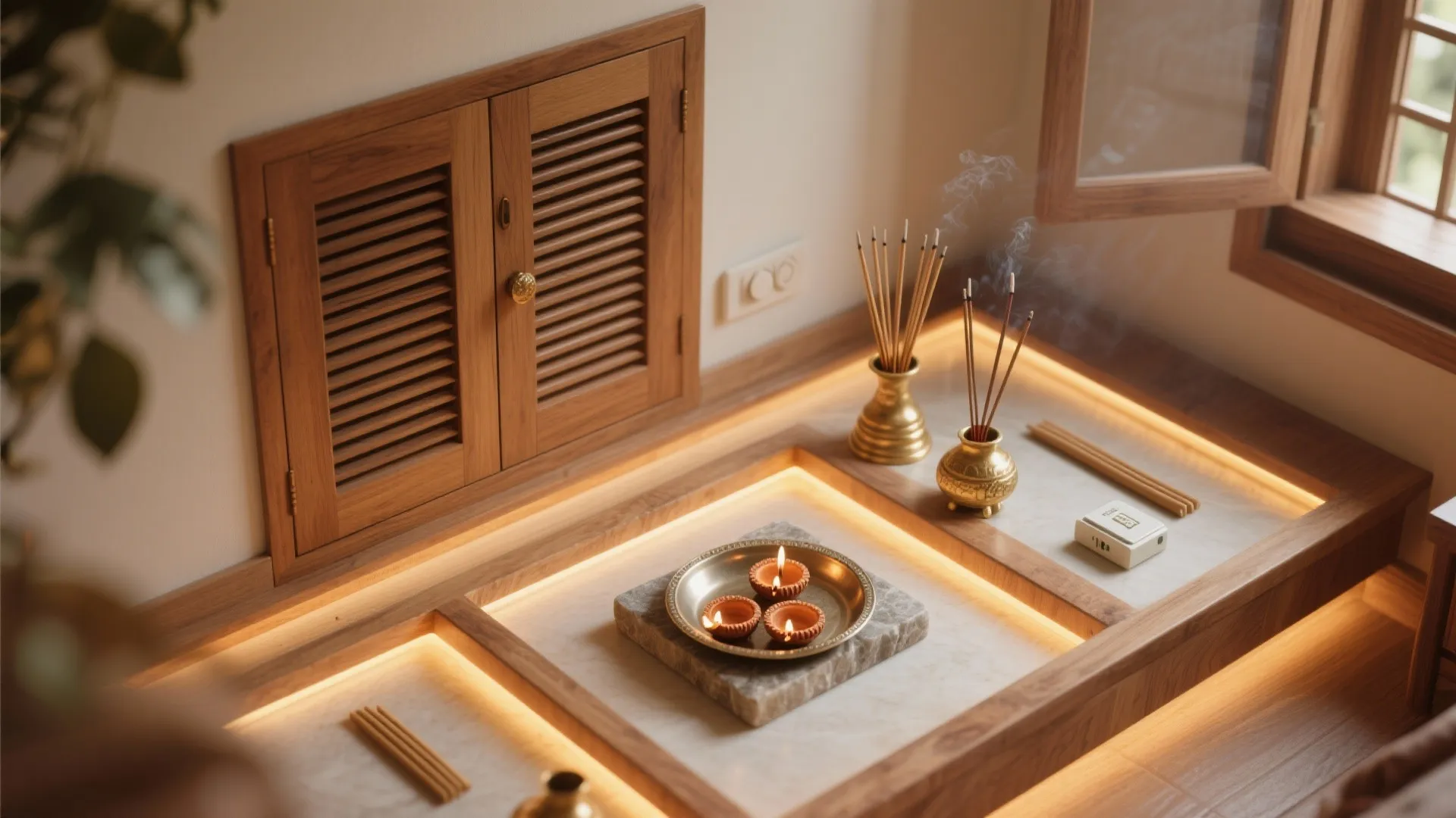 Top down view of wooden prayer space with candles incense sticks and glowing warm light strips