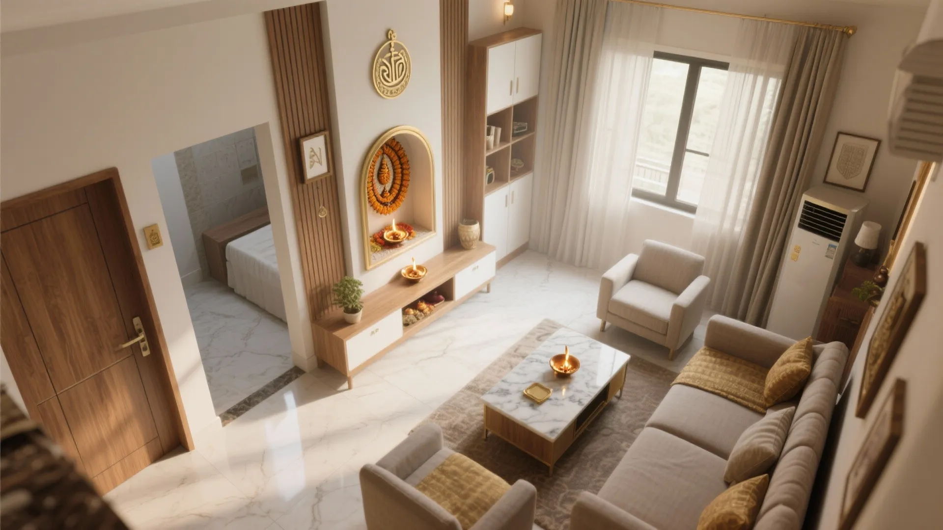 Top view of living room layout with sofa coffee table wall panel and marble floor