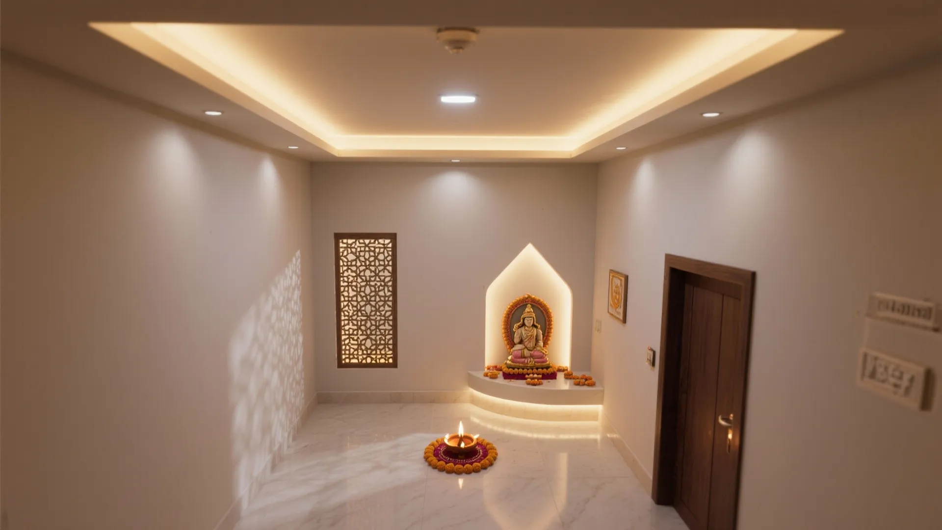 Top-down view of a pooja room showing layered ambient cove light, backlit jaali, and a gentle idol accent.