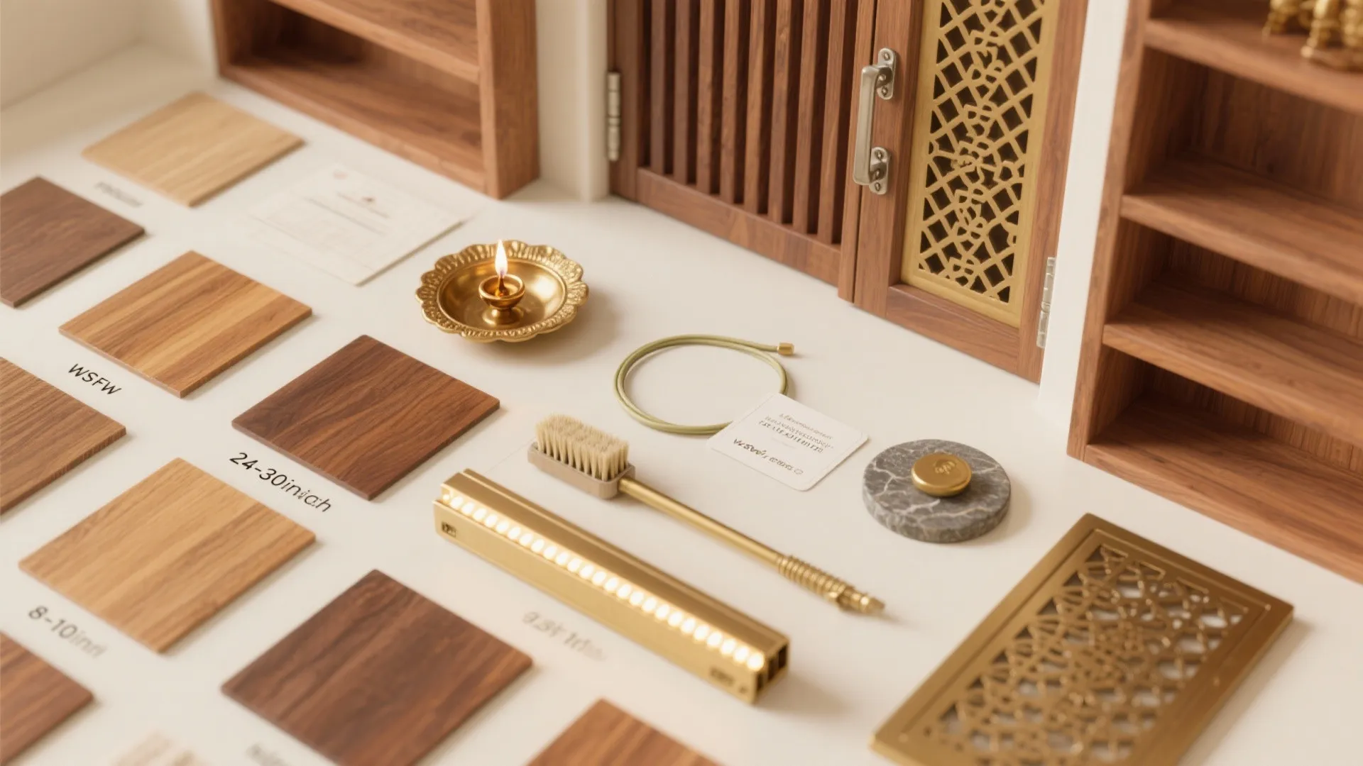 Top view of wood material samples gold hardware and small brass items for interior design