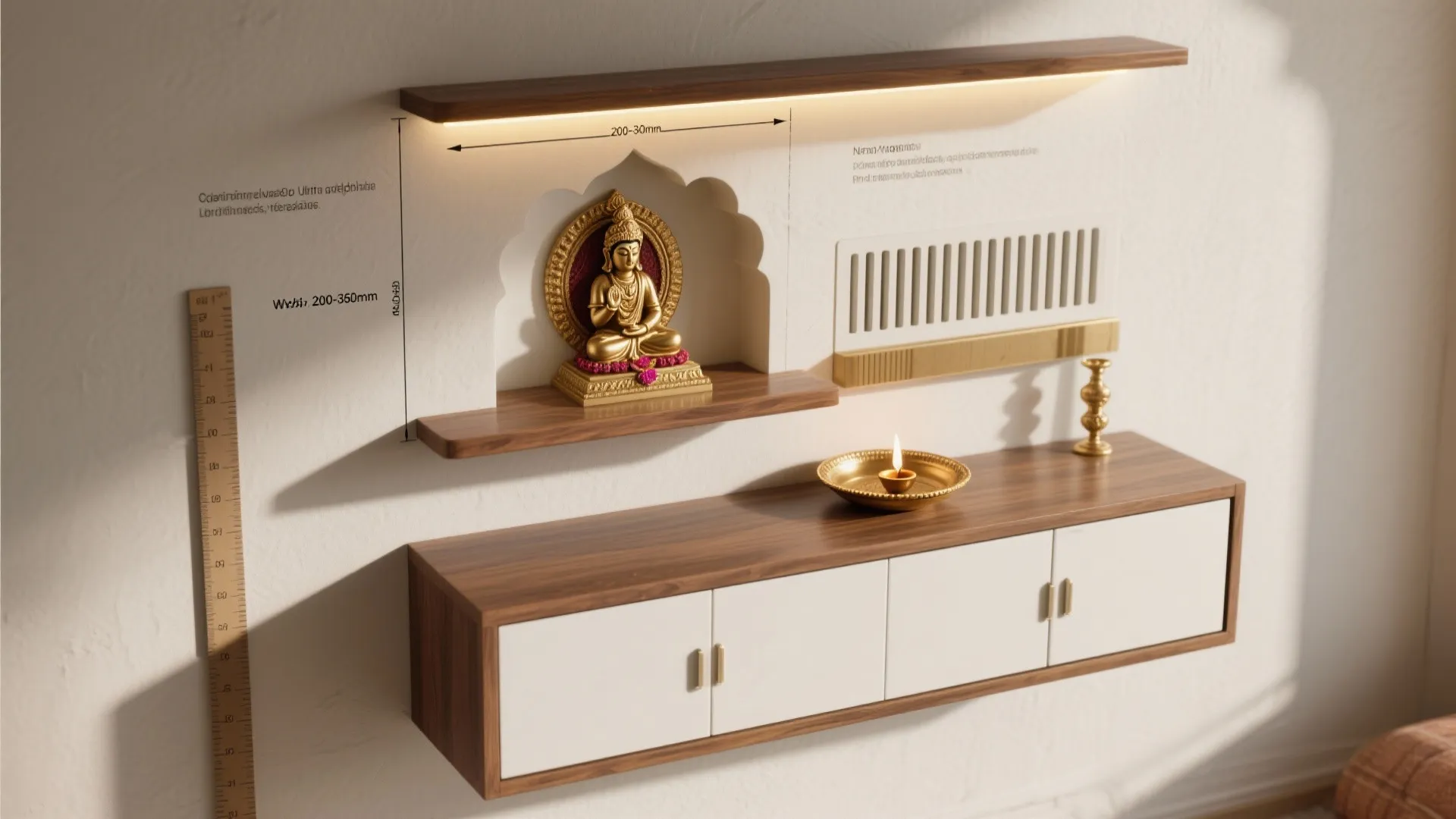 Interior design drawing of a wall unit with dimensions showing statue niche and storage cabinet