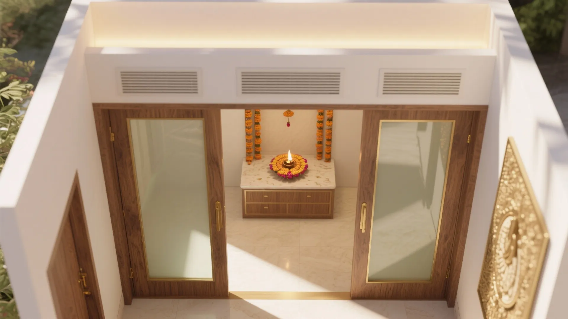 Top-down view of a compact pooja alcove with double doors, safe diya clearance, vents, and diffused LED lighting.