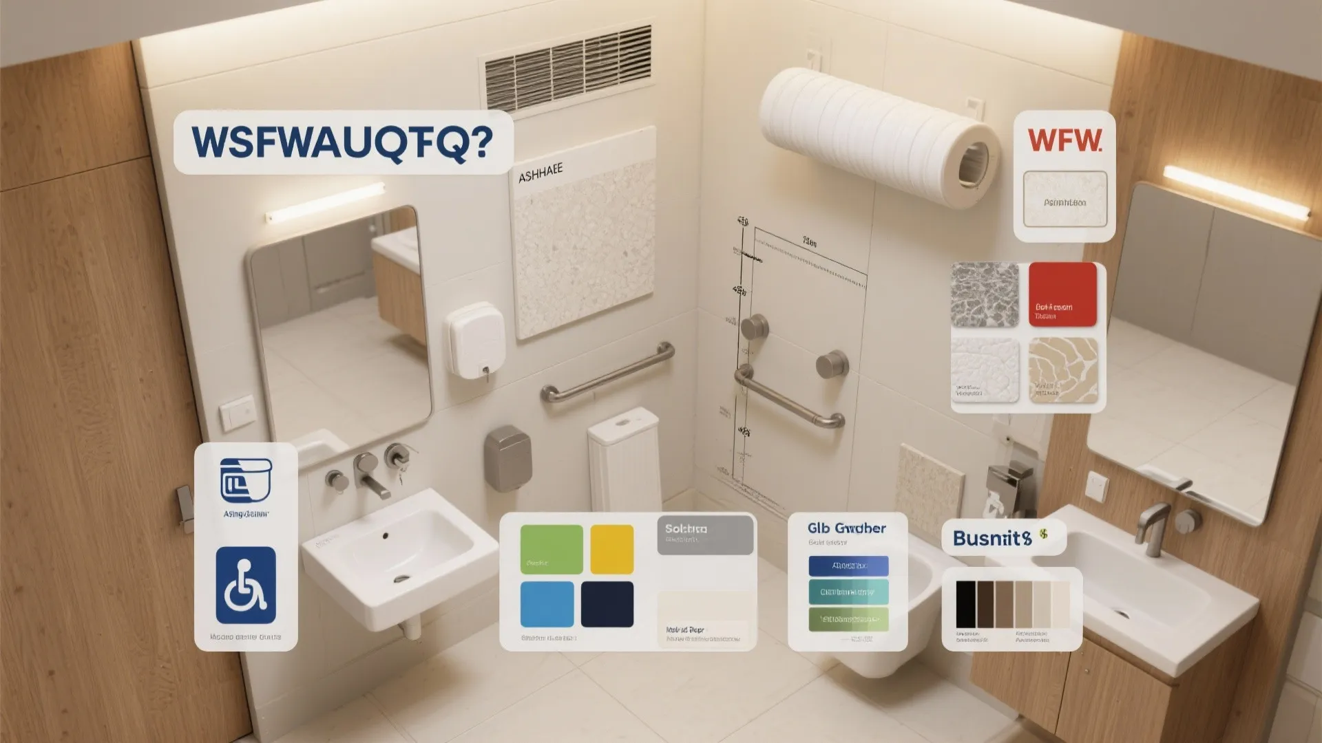 Top down view of accessible bathroom layout with grab bars, sink, toilet, and color options