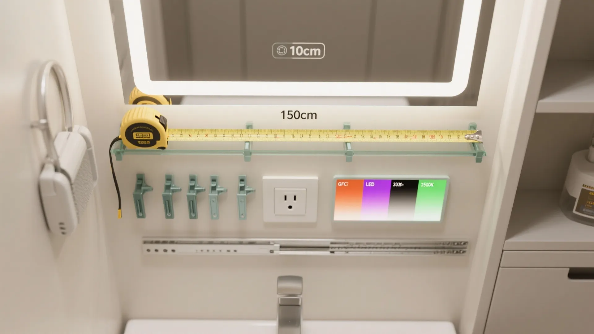 Top-down layout of mirror cabinet parts, measurements, lighting swatches, and GFCI symbol for FAQs.