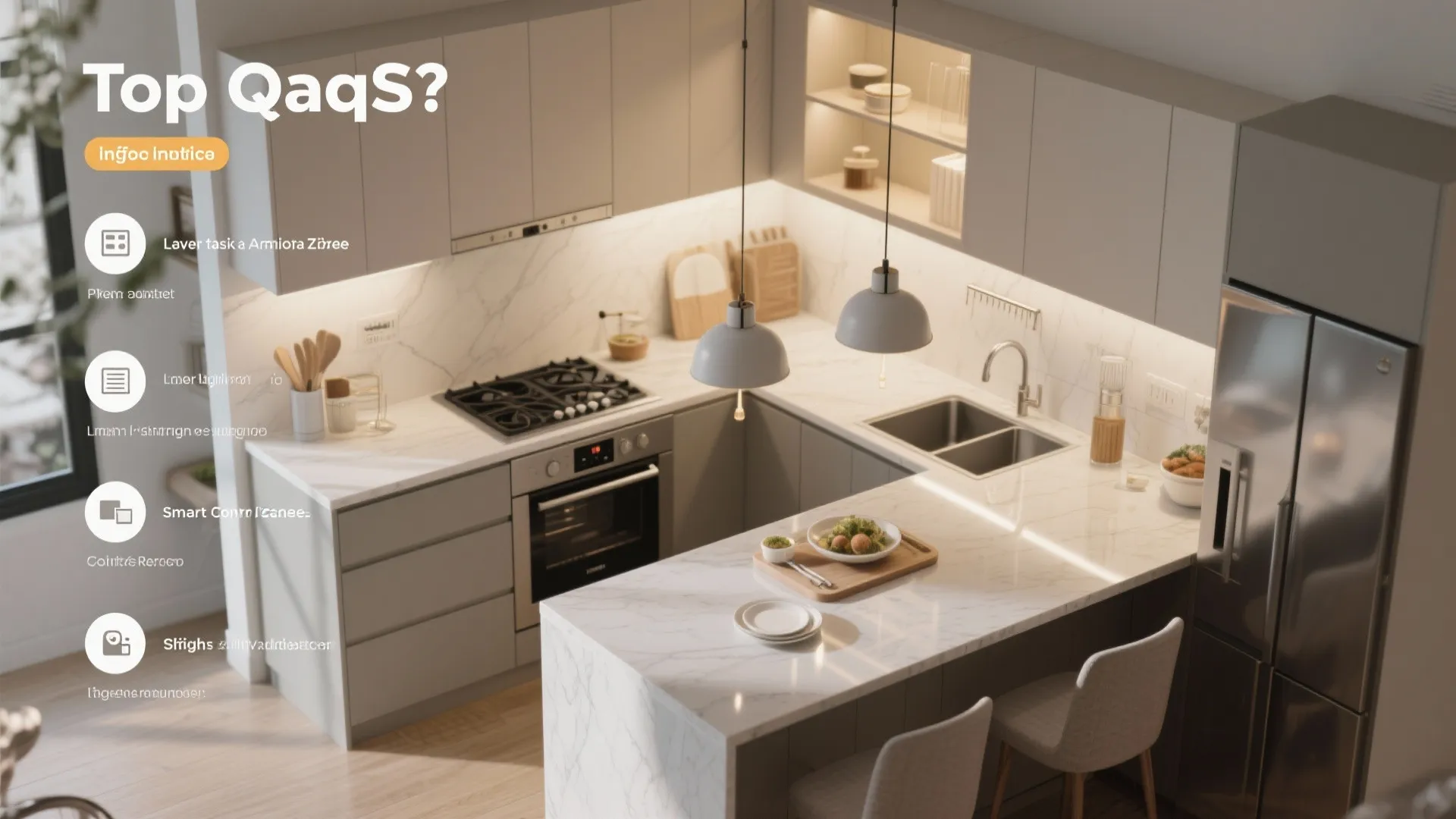 Top-down visual summary of small kitchen lighting FAQs including zones, pendant sizing, color temps, and smart scenes.
