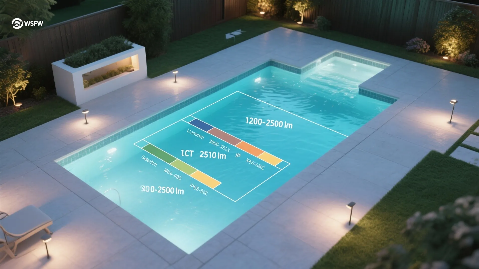 Top-down visualization of pool lighting zones with lumen, CCT, IP ratings, and glare control cues.