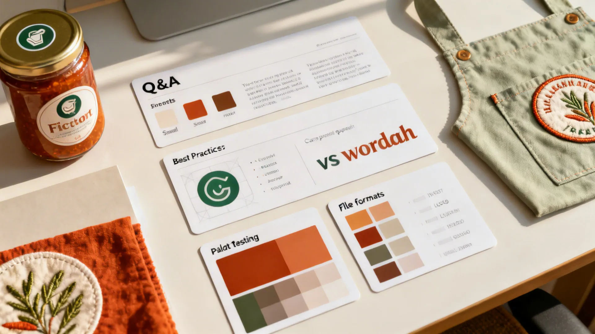 Top-down cards with logo FAQs and small mockups for favicon, label, and patch.