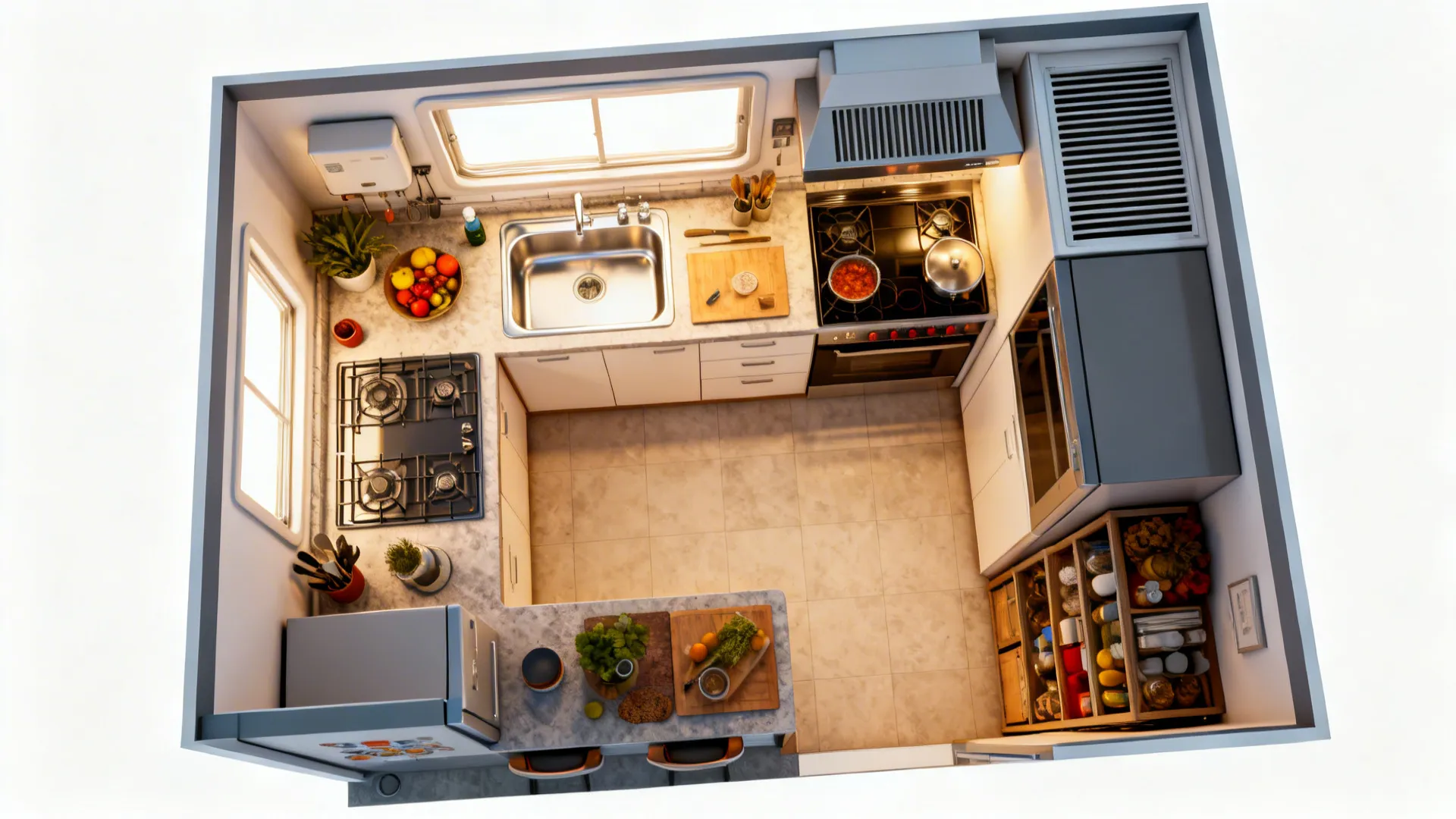 Top-down kitchen diagram showing southeast cook zone, north sink, southwest storage, and balanced colors per Vastu FAQ.