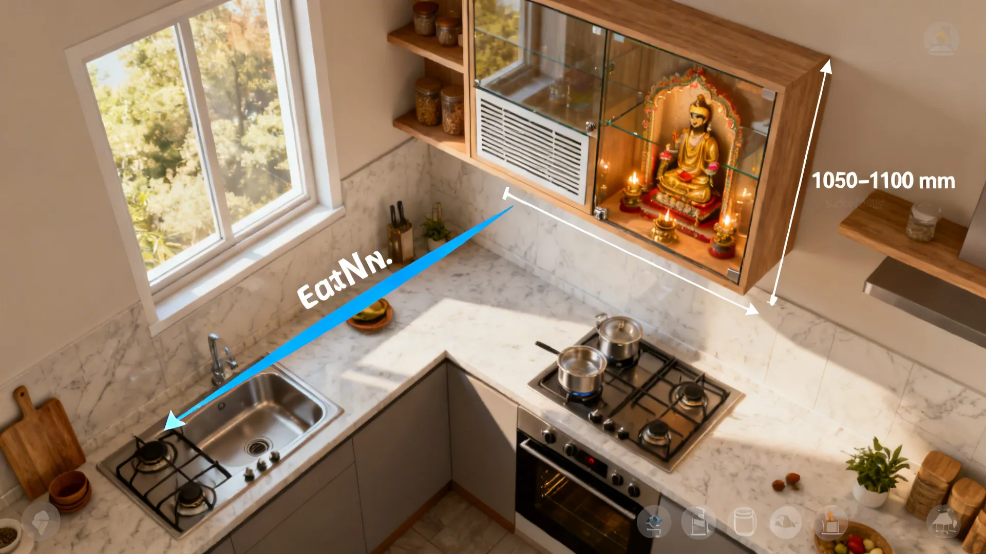 Kitchen interior design showing height measurements for a wall cabinet above a marble stone countertop