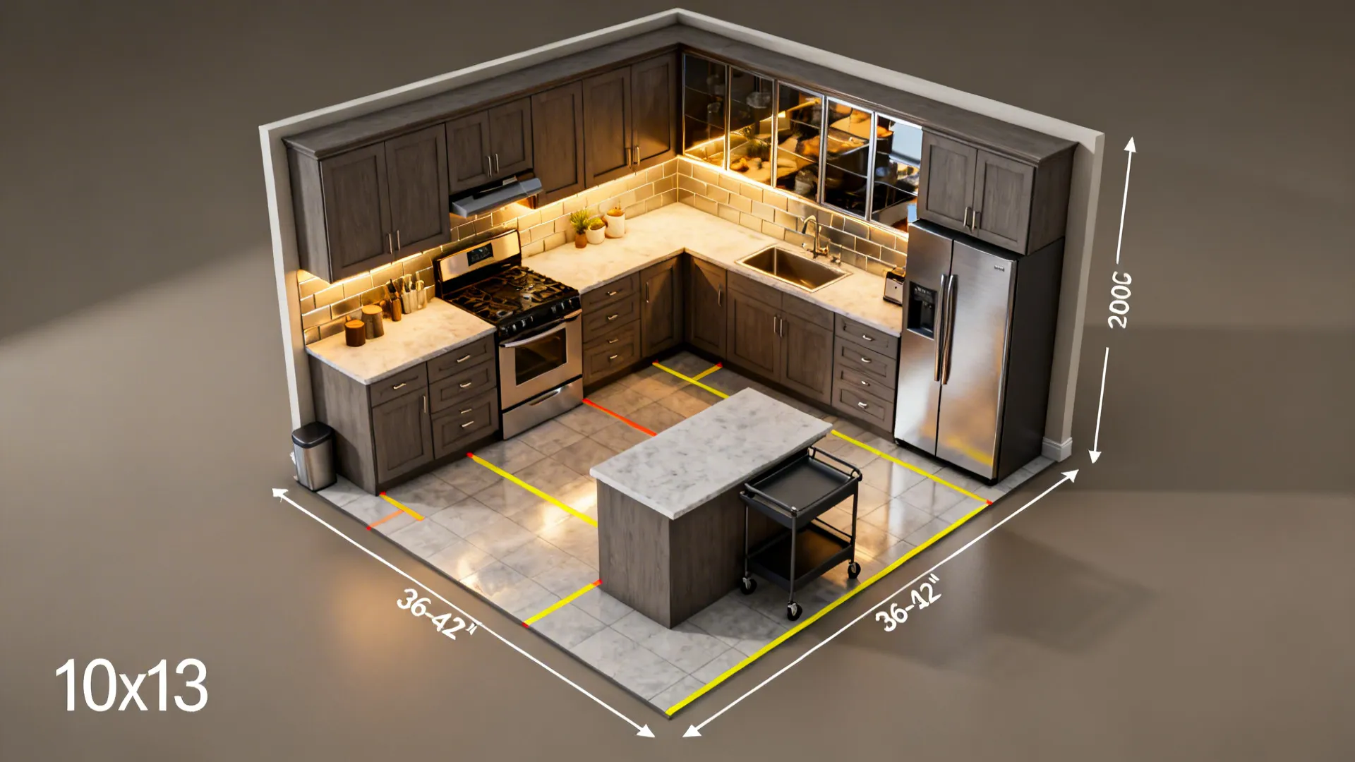 Top-down visualization of a 10x13 kitchen showing L-shape with peninsula, clearances, storage zones, and layered lighting.