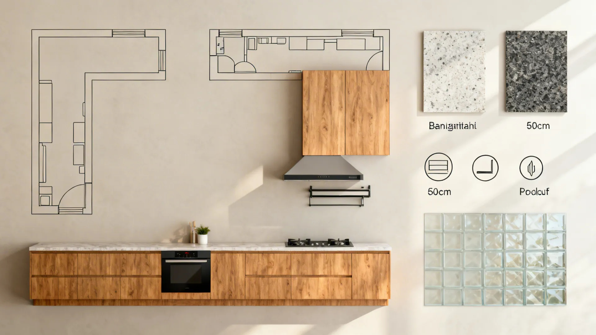 Top-down layout with small plan silhouettes, material samples, and compact appliance visuals.