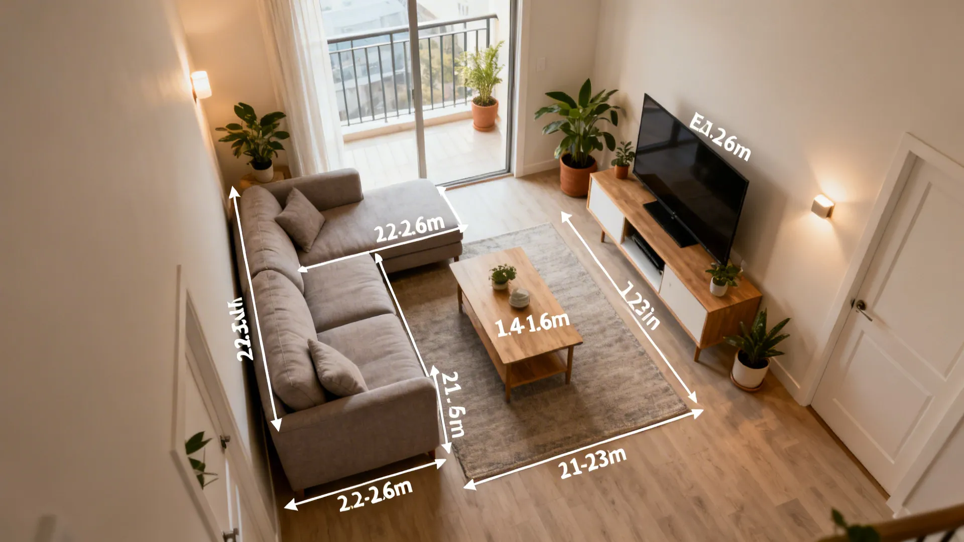 Top-down visual guide showing L-shaped sofa sizes, orientations, and clearances.