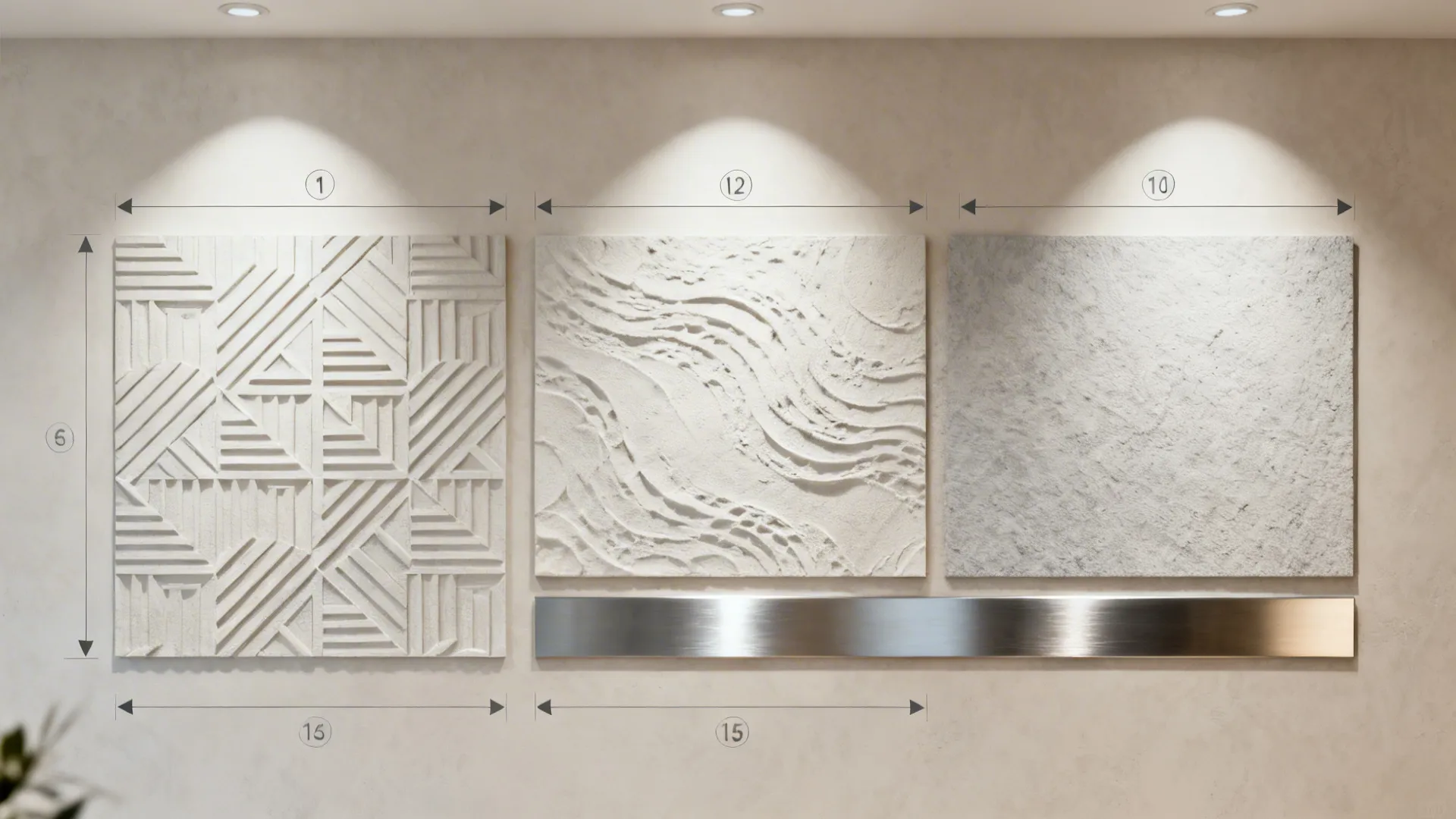 Top-down mockup showing 3D wallpaper scale tests and lighting positions for small rooms.