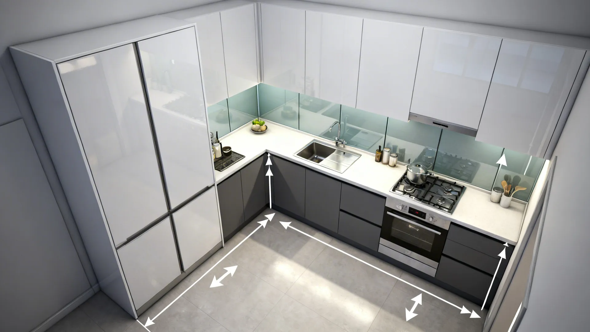 Top-down explainer showing L-shaped cabinets, tall pantry, gloss uppers, matte lowers, and a glass backsplash.