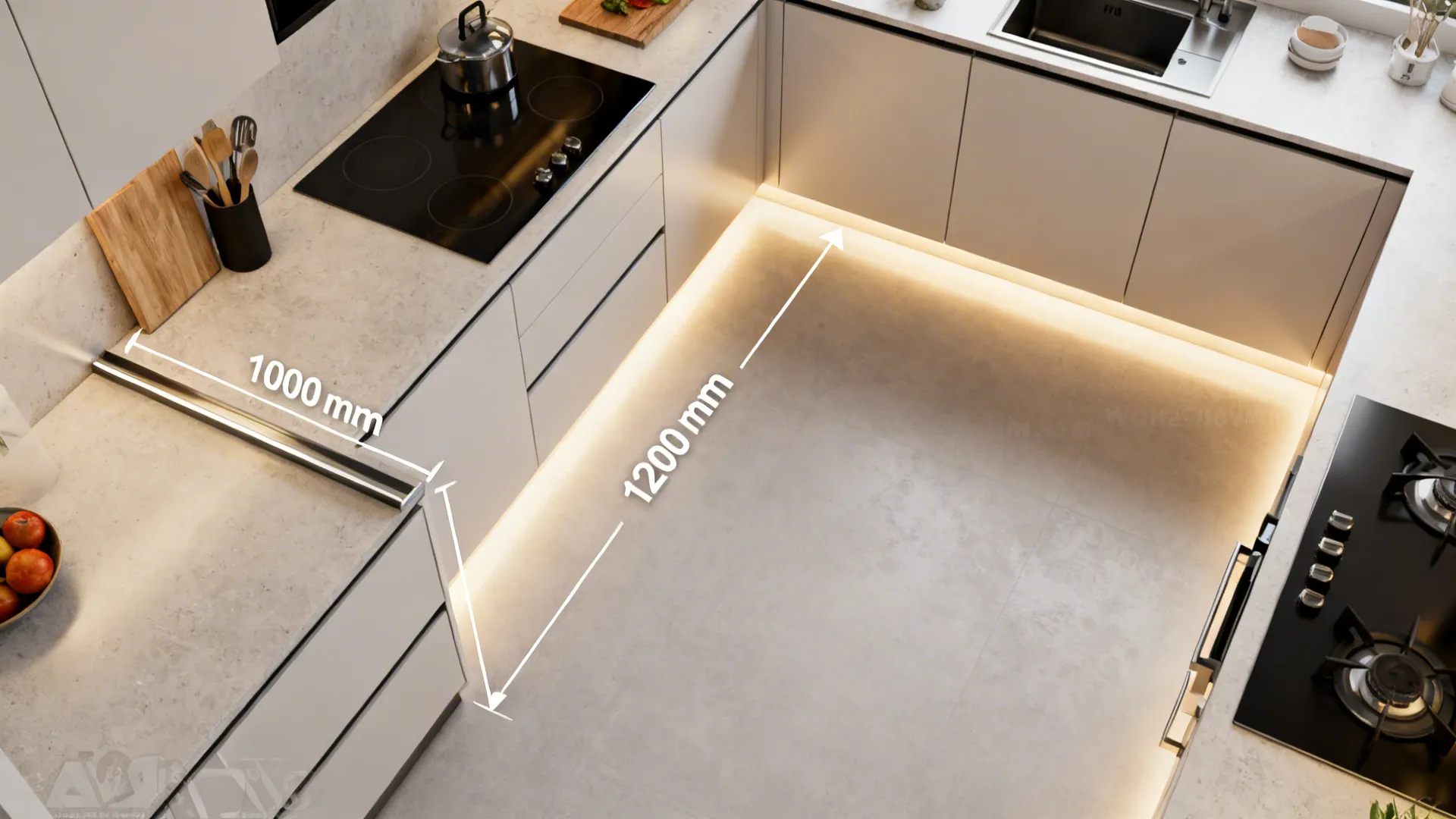 Top-down compact kitchen highlighting aisle width, slim counters, lighting, and integrated fronts.