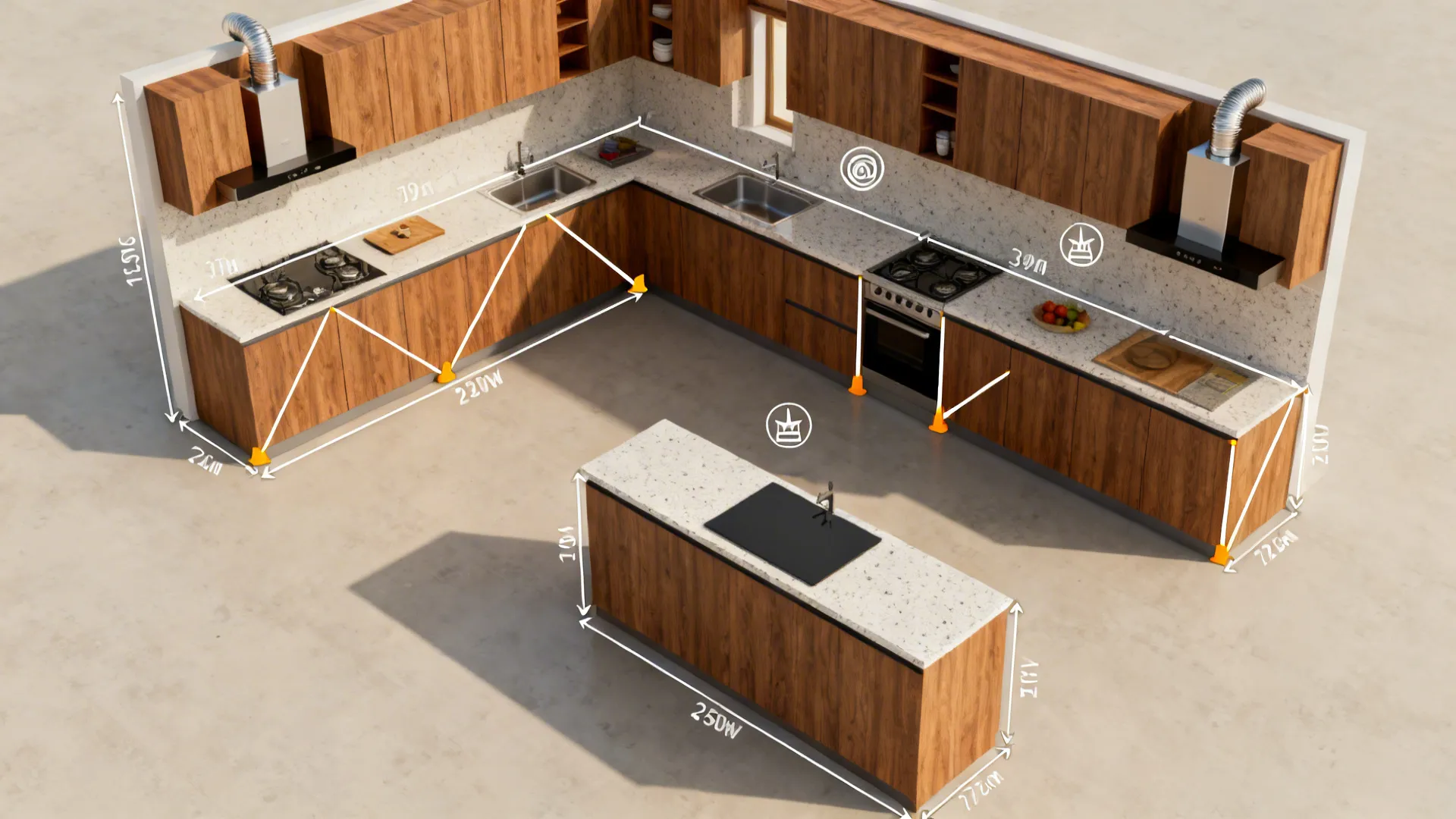 Top-down graphic showing L and parallel kitchens with clear work triangles and ventilation icons.