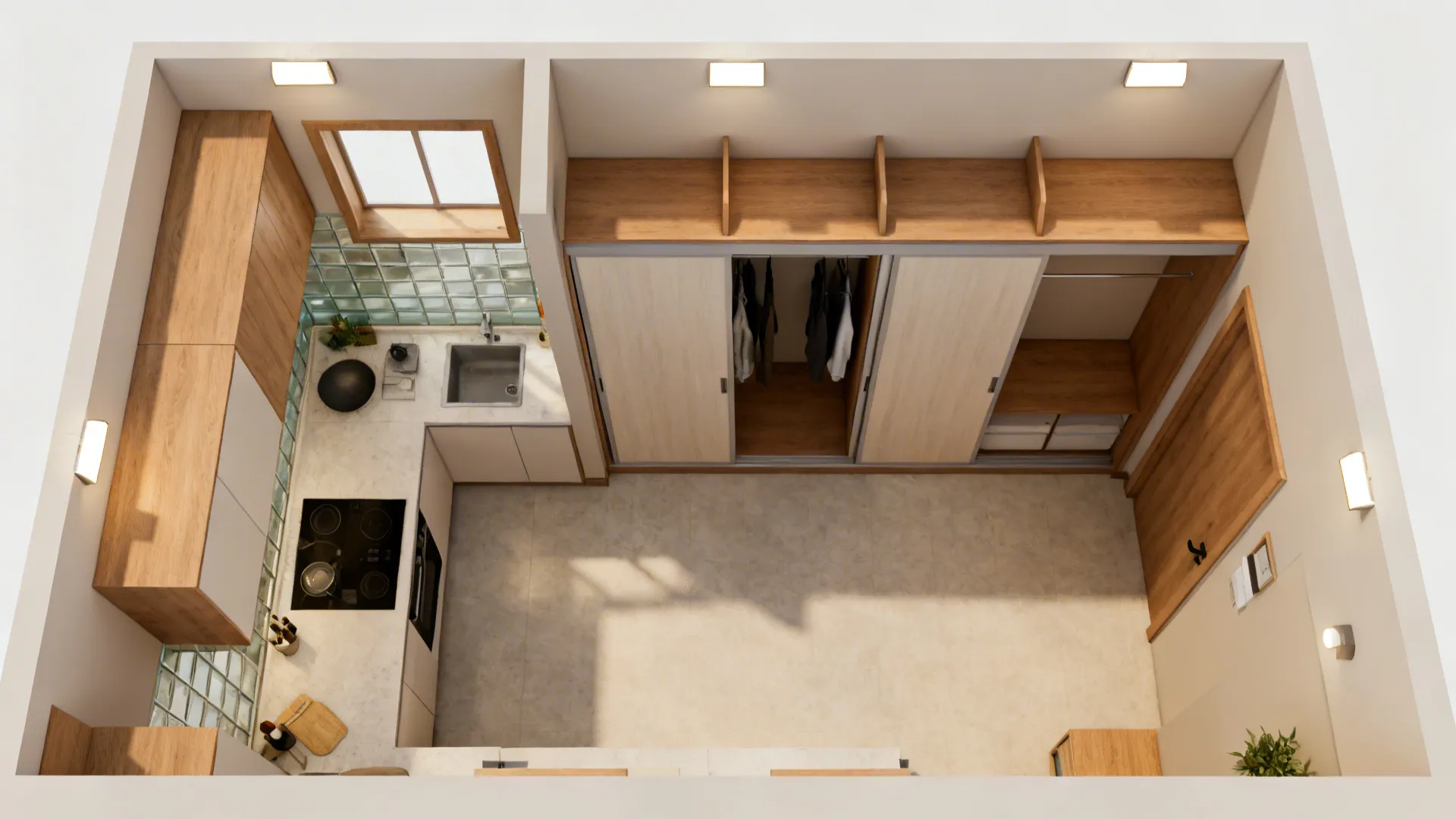 Top-down compact home plan highlighting L-kitchen, warm lighting, shallow storage, and sliding doors.