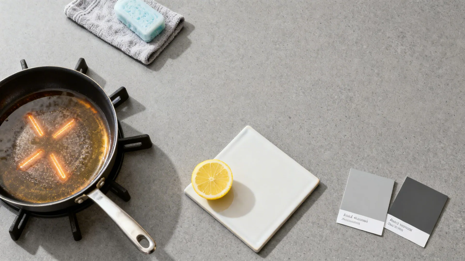Top-down grey counter with trivet, mild soap, lemon, and grey shade chips illustrating common questions.